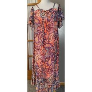 Paisley Cold Shoulder Maxi Dress L Orange Purple Sheer Boho Festival Beach Party
